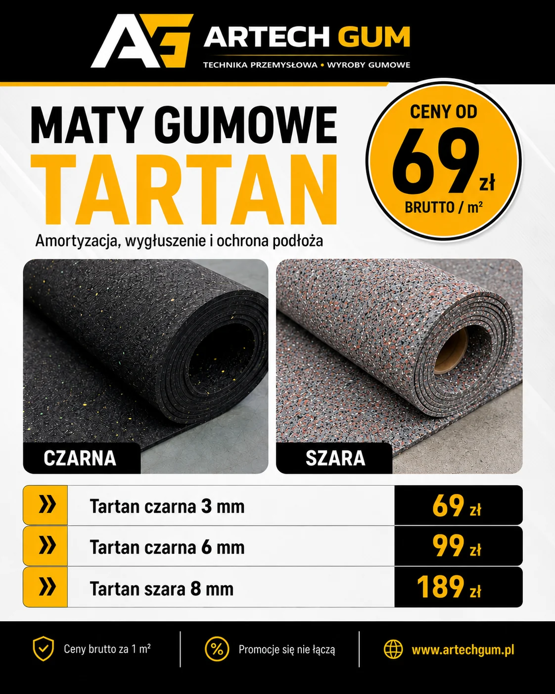 Maty gumowe tartan ARTECH GUM. Tartan czarna 3 mm za 69 zł, tartan czarna 6 mm za 99 zł, tartan szara 8 mm za 189 zł. Ceny brutto za metr kwadratowy.