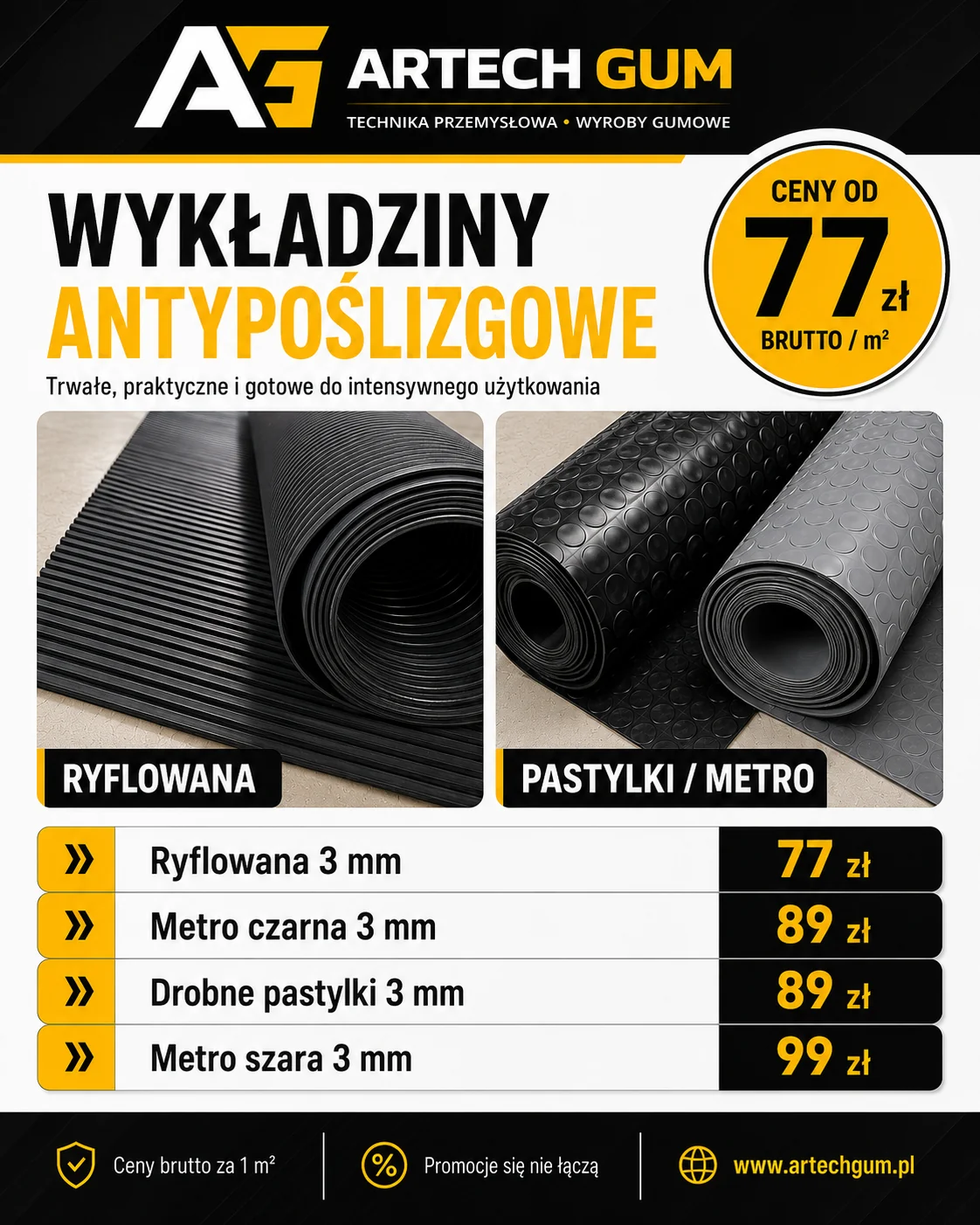 Wykładziny antypoślizgowe ARTECH GUM. Ryflowana 3 mm za 77 zł, metro czarna 3 mm za 89 zł, drobne pastylki 3 mm za 89 zł, metro szara 3 mm za 99 zł. Ceny brutto za metr kwadratowy.